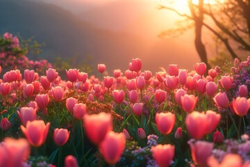 Poster - A field of pink tulips bathed in the warm glow of the setting sun.