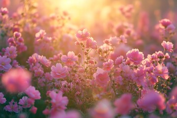 Poster - A vibrant field filled with pink flowers, illuminated by the sun in the background.