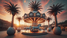 Twilight Scenery Of A Nostalgic Carousel Ride Among Palm Trees