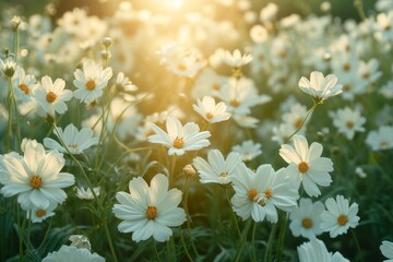 Wall Mural - A field filled with white daisies is bathed in sunlight, creating an radiant scene.