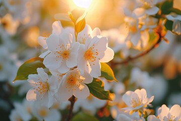 Wall Mural - This photo captures a tree adorned with a profusion of white flowers in full bloom.