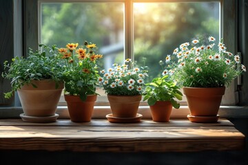 Canvas Print - A collection of potted plants arranged on top of a window sill.