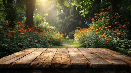 Poster - An empty wooden table placed among the trees in a serene forest setting.