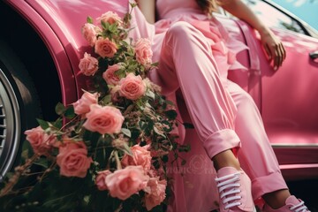 Wall Mural - Slim legs woman in pink dress sitting in pink car decorated with a lot of pink flowers. Stylish beauty concept. Playful femininity. Glamorous spring elegance. Real photography, 8k