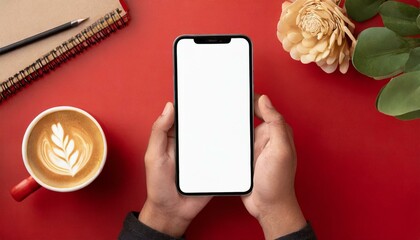 Hand using smartphone with blank screen, isolated on red background