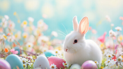 Cute easter bunny with eggs. White rabbit sitting in the nature with flowers. Spring sunny day. Egg hunting.