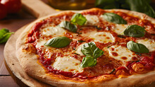 A Classic Italian Pizza Margherita With A Thin Crust Fresh Tomato Sauce Mozzarella Cheese Basil Leaves And A Drizzle Of Olive Oil.