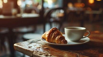 Gourmet croissant against the soft background of a cafe