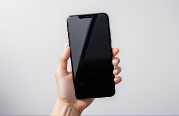 Woman hand holding the black smartphone with blank screen and modern frameless design two positions angled and vertical - isolated on white background