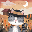 Cute drawn kitten with a hat walking in a field near a farm. Cute and simple book illustration.