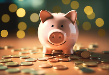 Pink piggy bank smiling and coins on the table.