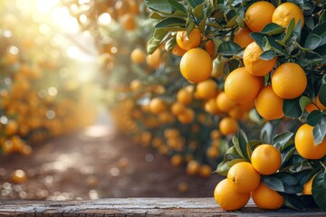 Poster - summer Orange fruit garden background with empty wooden table top in front, sunlight soft background