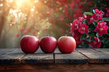 Poster - A photo of three red apples neatly arranged on top of a wooden table.