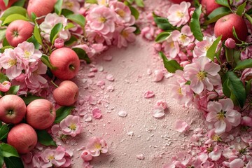 Poster - A vibrant arrangement of pink flowers and fresh apples displayed on a table, copy space