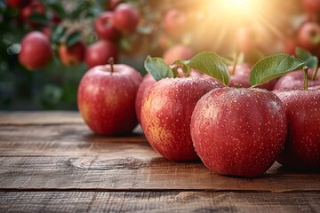 Canvas Print - A group of red apples arranged on top of a wooden table.