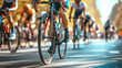 Lifestyle, cycling race. A cyclist rides a bicycle, wheel and road close-up. Hobbies and recreation.