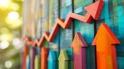 An upward curving arrow symbolizing financial growth and success overlays a background of charts and graphs, representing detailed profit analysis and development in business.