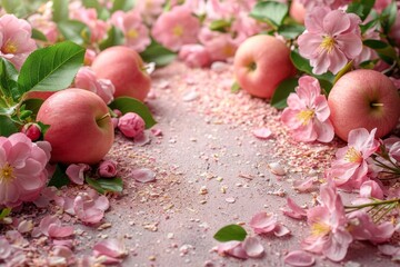 Wall Mural - A table covered with a variety of pink flowers and ripe apples.