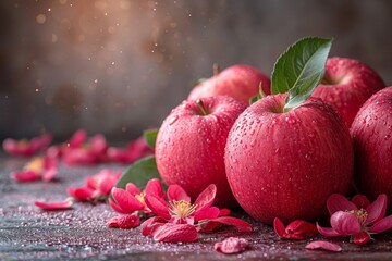 Poster - A group of red apples is neatly arranged, sitting atop a wooden table.
