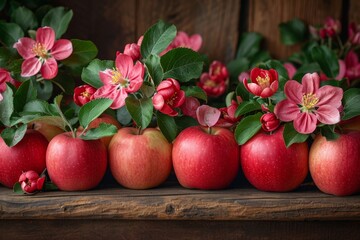 Poster - A group of fresh apples and flowers sit on top of a wooden table, ready to be enjoyed.