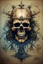  Pirate Skull Vintage Poster. Drawing Sketch Design. Ai Generative