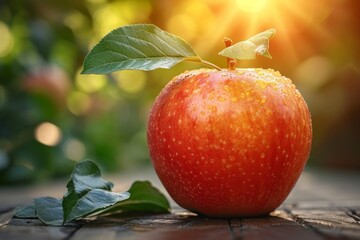 Poster - vibrant red apple sitting on a wooden table, adorned with a green leaf, in sunny lights