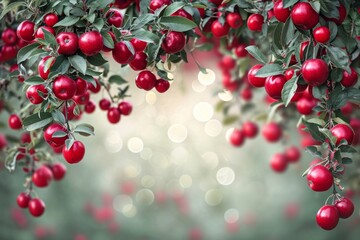 Poster - A vibrant assortment of red apples hanging from the branches of a tree in a natural setting.