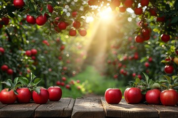 Poster - A wooden table filled with a variety of ripe red apples.