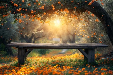 Aufkleber - A wooden bench stands amidst a vibrant field of orange flowers.