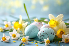 Colorful Easter Eggs With Spring Daffodil Flowers On A Blue Blurred Background. Stylish Gentle Spring Template With A Place For Text. Postcard Or Banner