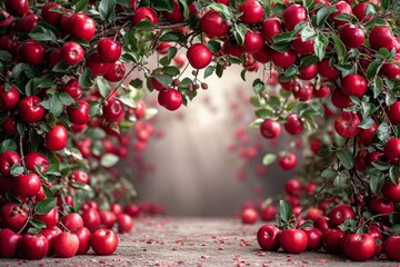Poster - A cluster of vibrant red apples hanging from the branches of a tree in sunny garden