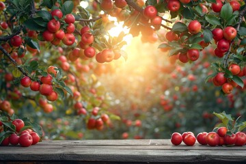 Poster - A wooden table covered with a plentiful assortment of apples in sunny garden background 
