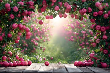 Poster - A wooden table is adorned with numerous ripe red apples arranged neatly, creating a vibrant display.
