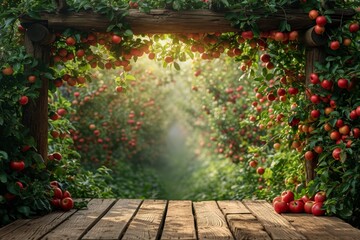 Poster - A wooden table is adorned with a multitude of vibrant red apples.