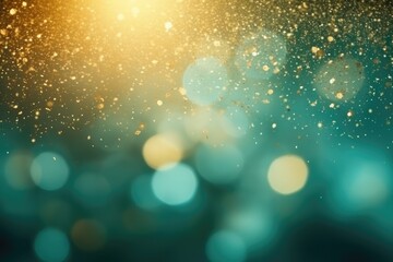 Abstract blue background with light green yellow and gold particle. Spring Golden light shine particles bokeh on pastel green yellow background. Gold foil texture. Sun rays Spring fresh copy space