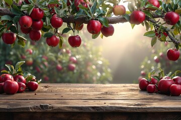 Poster - A wooden table filled with a multitude of fresh red apples.