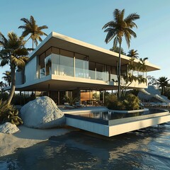 Modern cozy house with pool and parking for sale or rent in luxurious style. Summer evening by the sea