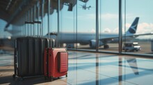 beautiful travel suitcases in an airport with airplanes in the background in high resolution and quality. concept international and national travel with family and friends