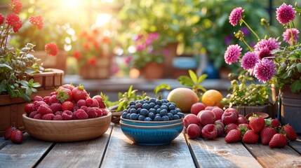 Poster - A wooden table is adorned with a variety of fresh and colorful bowls filled with a selection of ripe and juicy fruits.