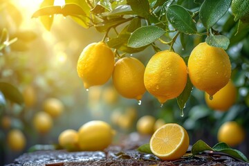 Poster - A cluster of ripe lemons hangs from the branches of a lemon tree in a vibrant display of citrus fruit.