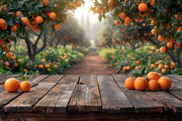Poster - A wooden table covered with a multitude of oranges in garden