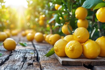 Poster - ollection of lemons placed on a table top in garden 