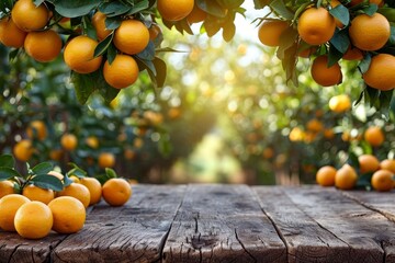 Poster - A wooden table is covered with an abundance of oranges, in summer garden landscape background 