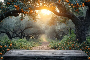 Wall Mural - A wooden bench is placed amidst rows of orange trees in a vibrant orange grove.