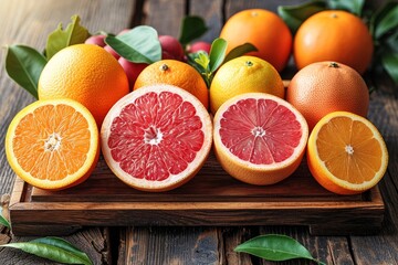 Poster -  collection of grapefruit, oranges, and grapefruit neatly arranged on a rustic wooden tray