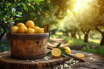 Poster - A basket filled with fresh lemons sits atop a sturdy wooden table, showcasing their vibrant yellow color.
