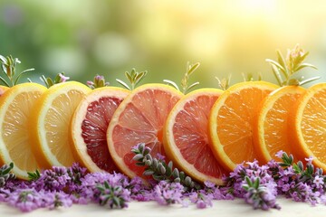 Aufkleber - A line of carefully sliced oranges arranged next to lavender sprigs on a white surface, creating an appealing visual combination of vibrant colors and fresh ingredients.