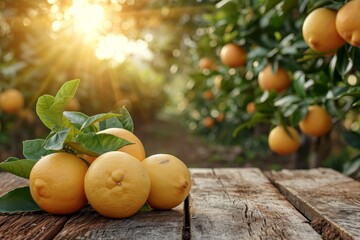 Wall Mural - A group of oranges is placed neatly on top of a wooden table.