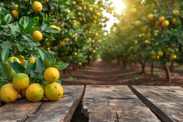 Poster - A wooden table with an abundant arrangement of fresh lemons neatly placed on top in sunny garden