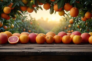 Poster - A collection of oranges arranged on top of a sturdy wooden table in sunny garden